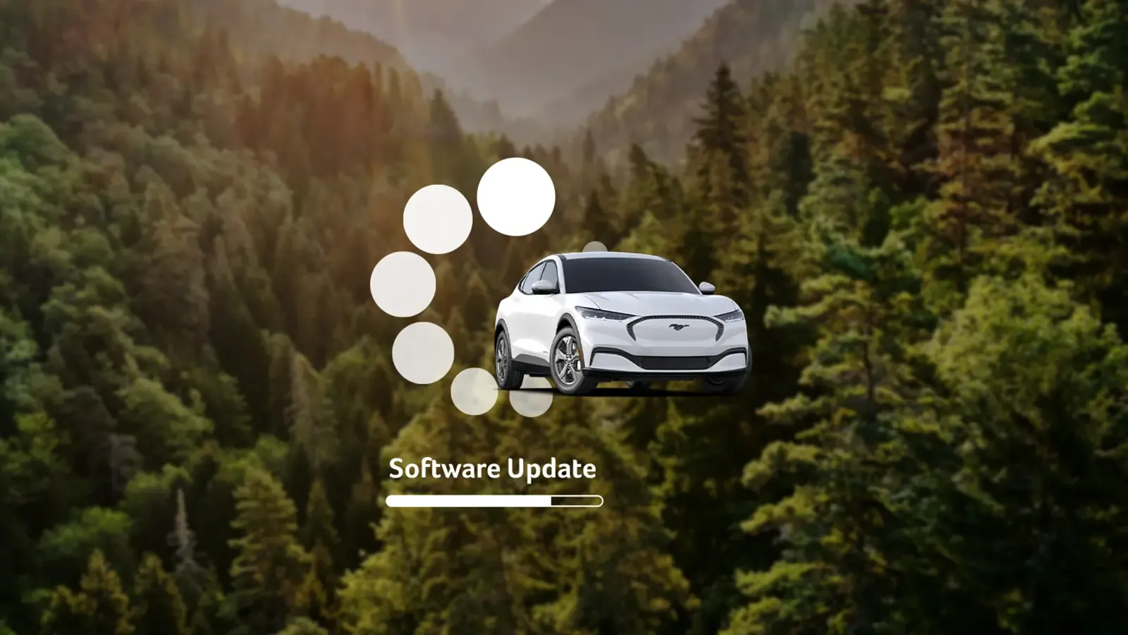 Above a forest with a loading symbol, a Mustang Mach-e, and a Software Update status bar