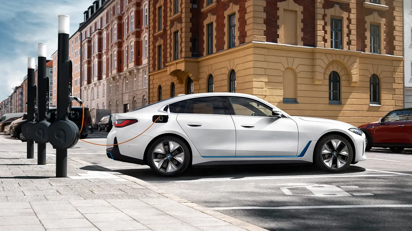 BMW i4 charging on the city streets