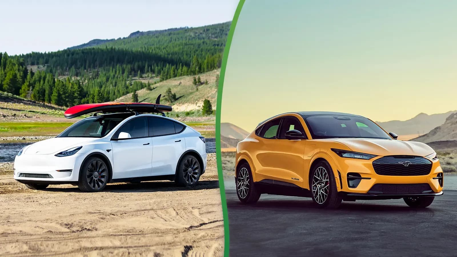 tesla model y and ford mustang mach e side by side