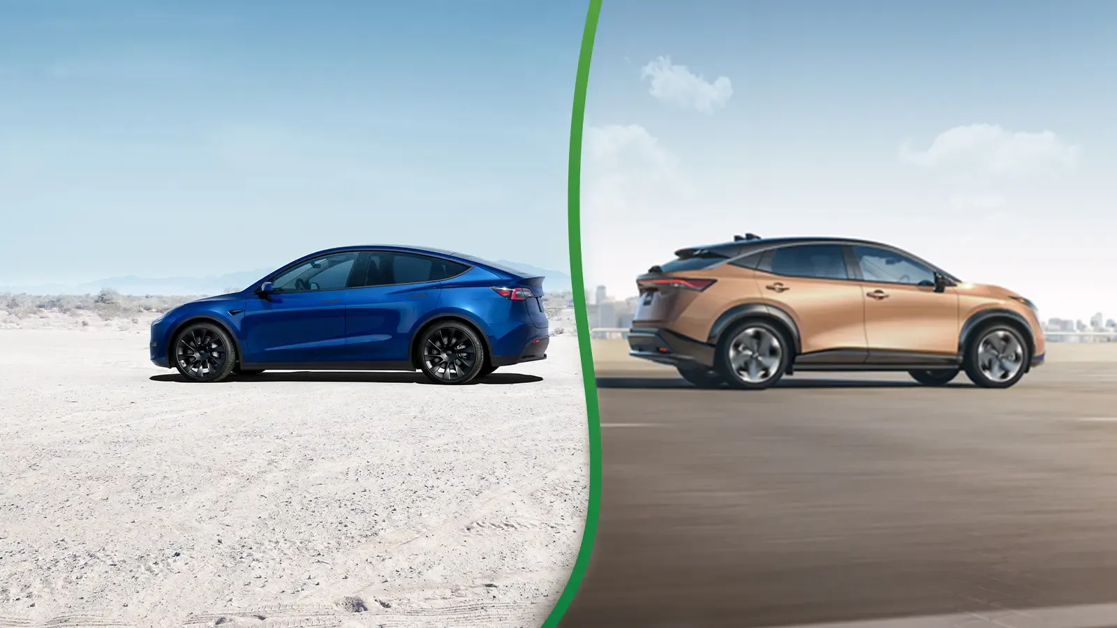 Nissan Ariya and Tesla Model Y side by side