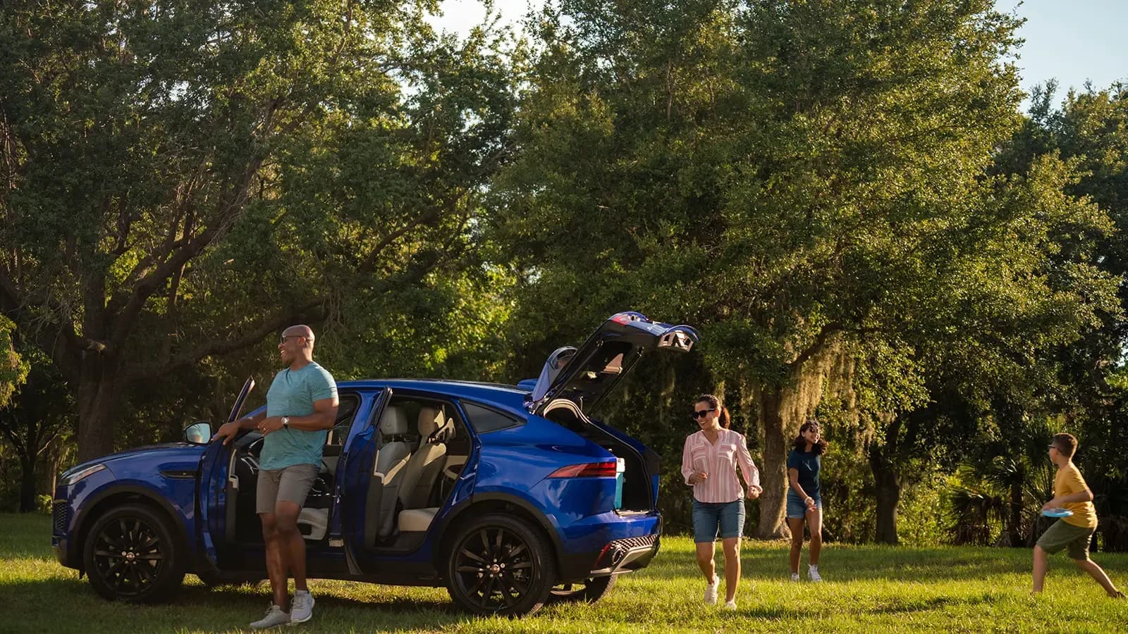 electric car parked in a green and grassy park