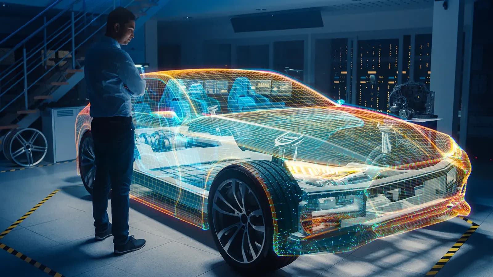 man standing by a holographic vehicle design