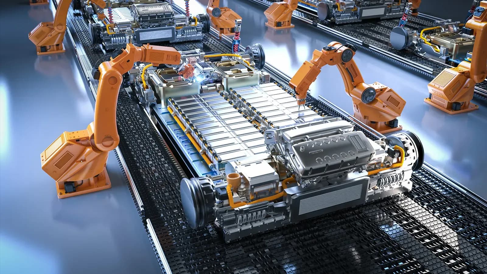 Robot assembly line with electric car battery cells module on platform