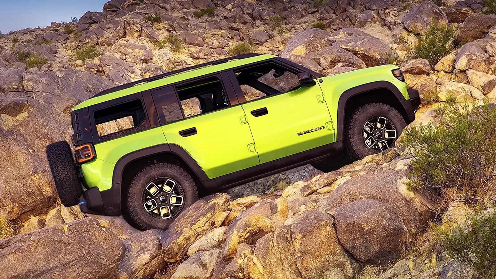 Jeep Recon climbing rocky mountain side