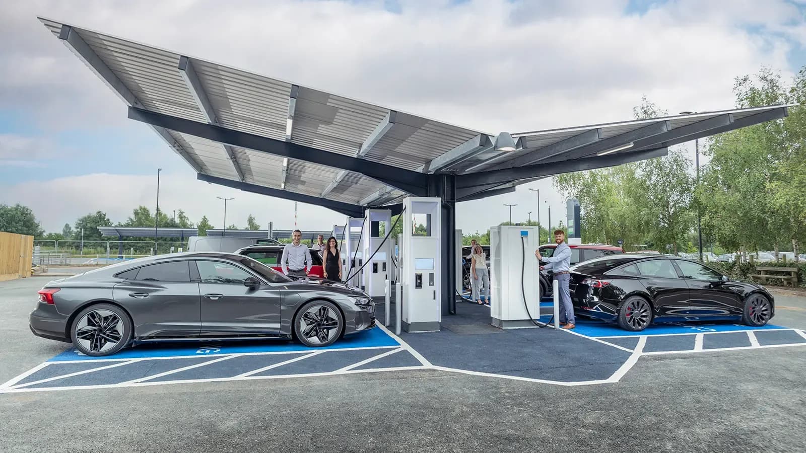 Cars charging under solar power ev station