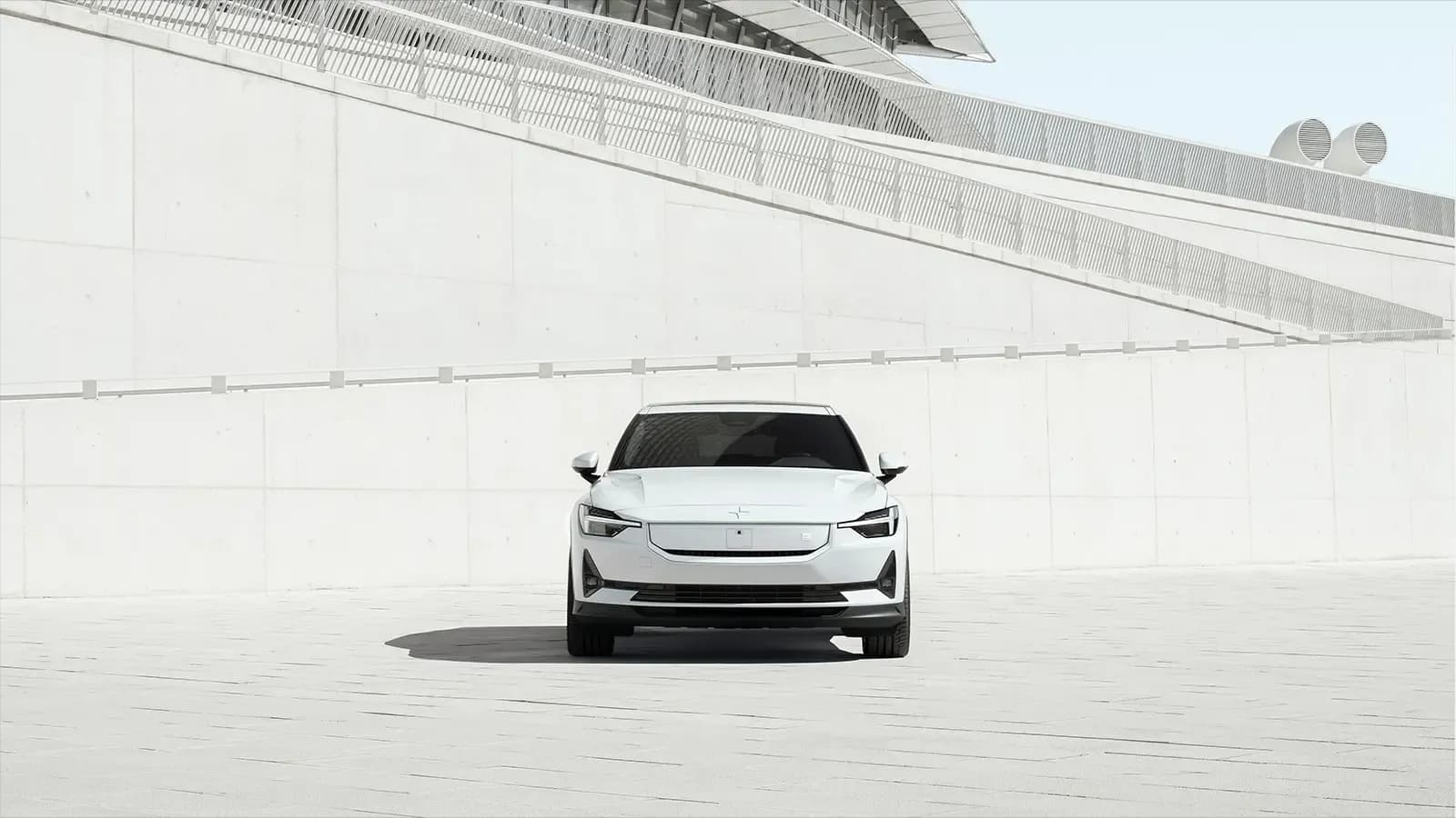 White Polestar 2 front exterior view.
