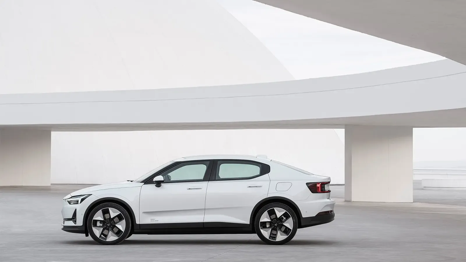 White Polestar 2 side exterior view.