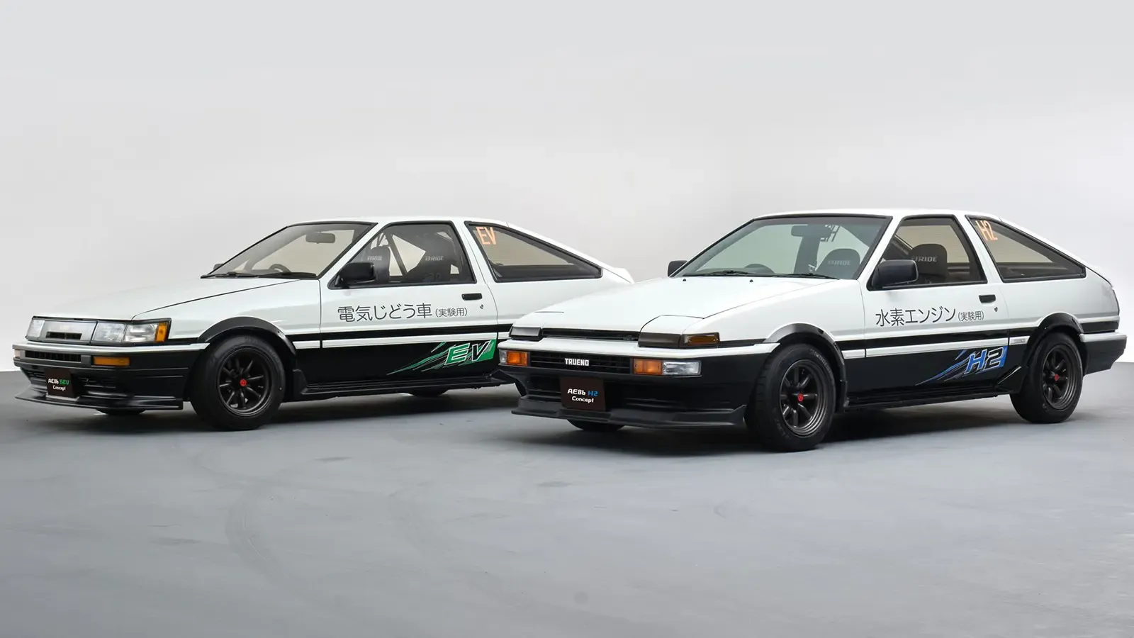 Two of the Toyota Restomodded models: AE86 H2 and BEV.