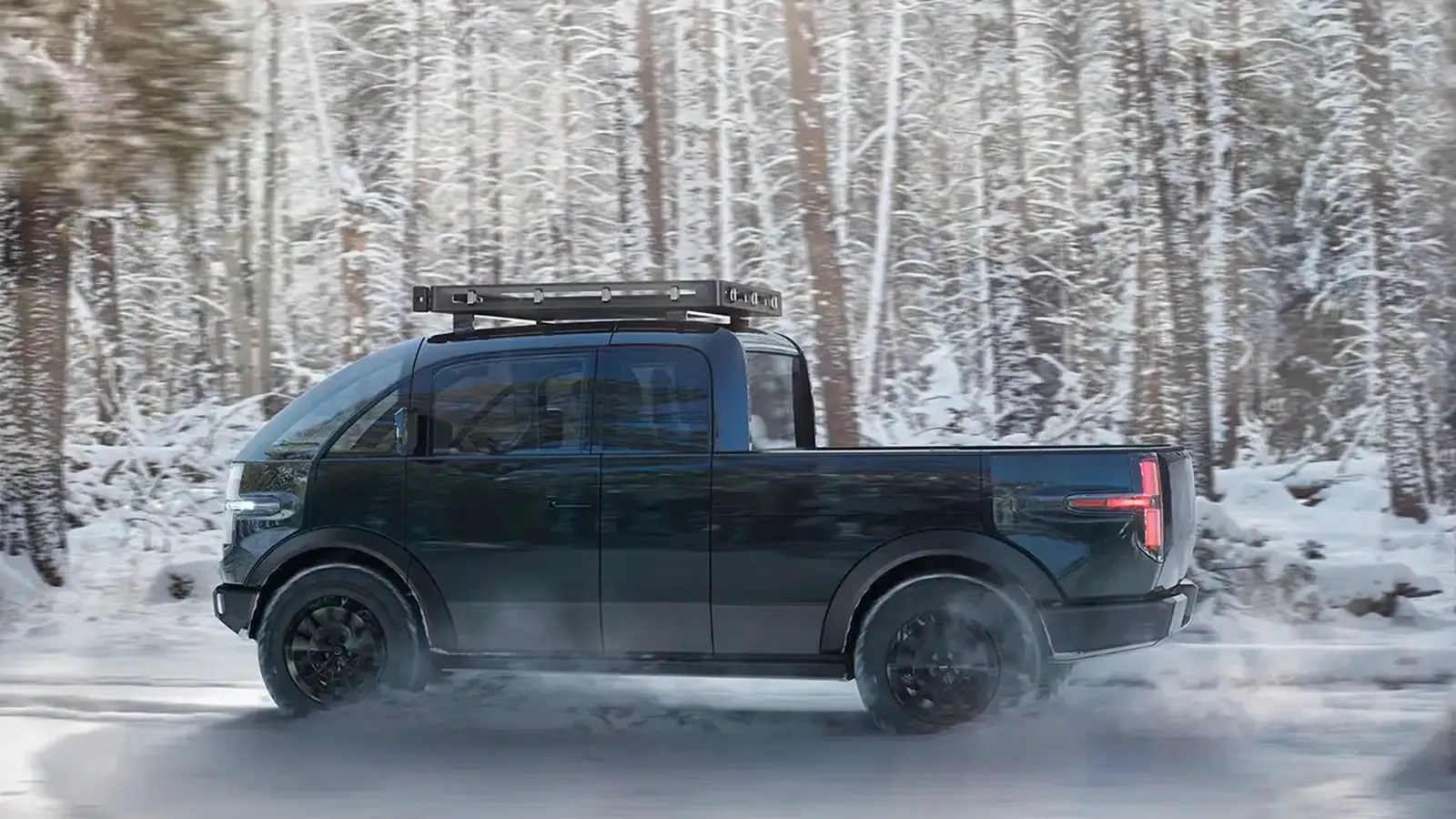 Canoo Pickup Truck side profile in the snow