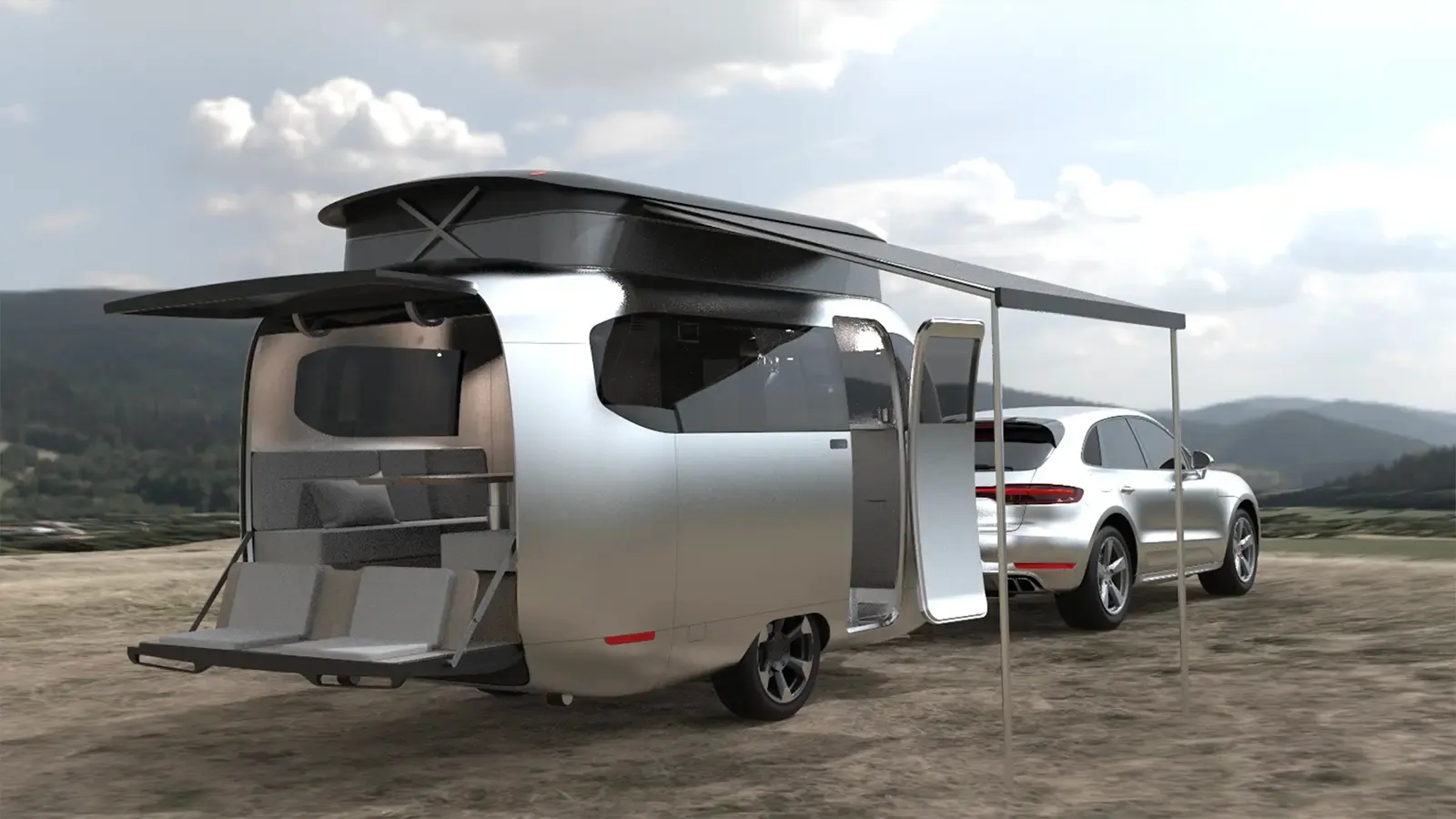Back view of the EV travel trailer Porsche and Airstream collaboration