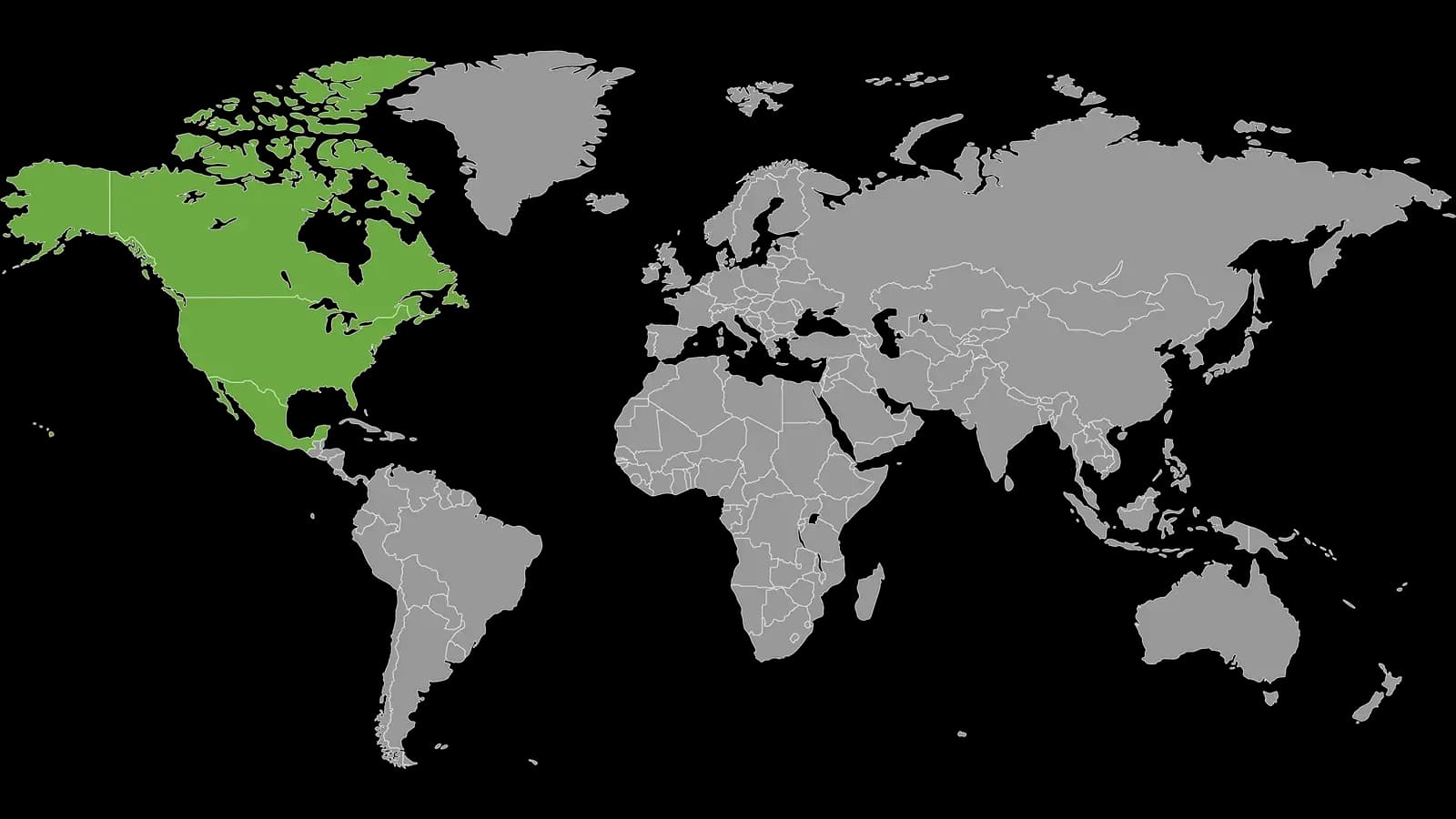 Map of the world with North America highlighted in green