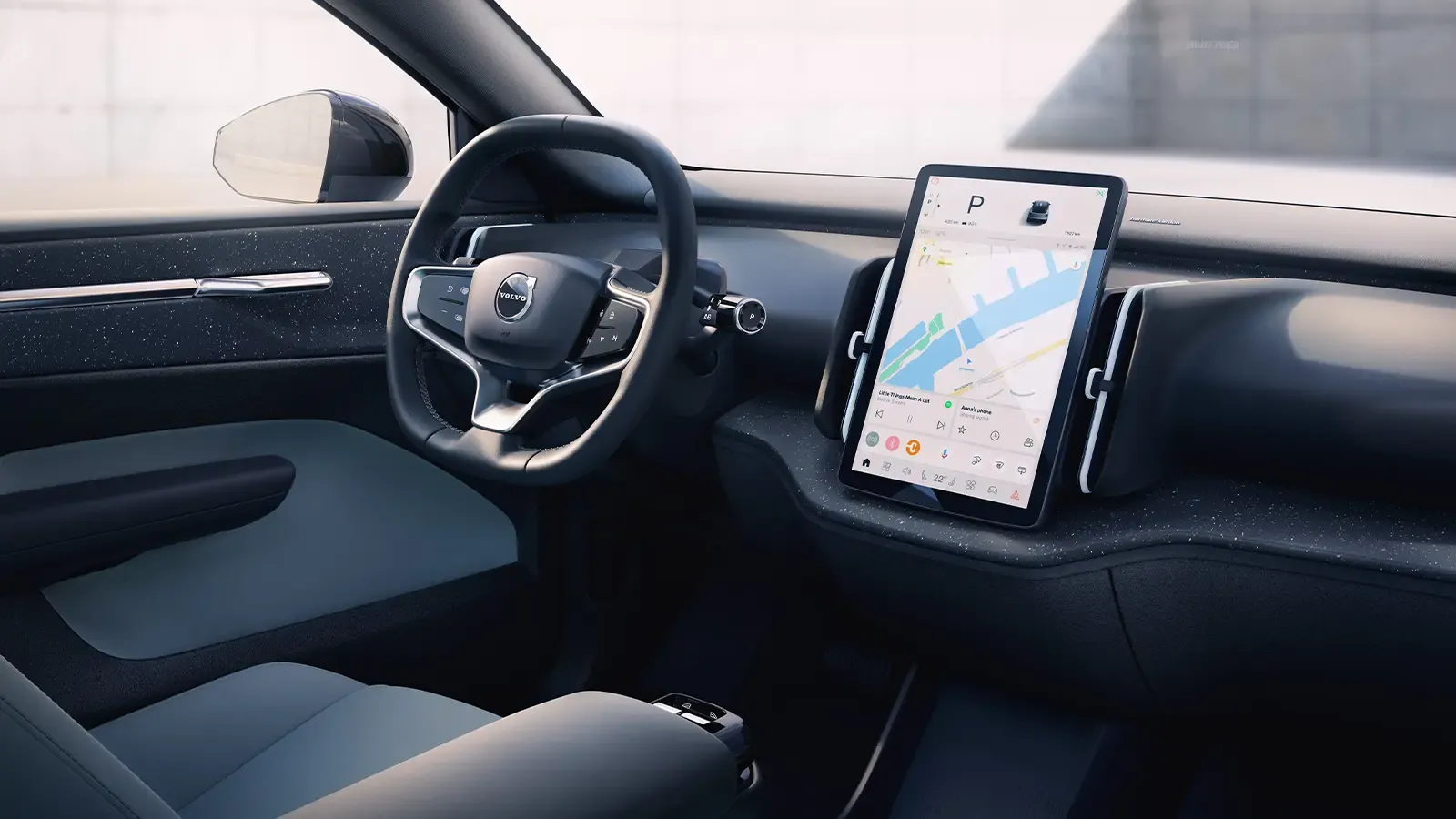Interior view of Volvo EX30, with modern design and large tablet display