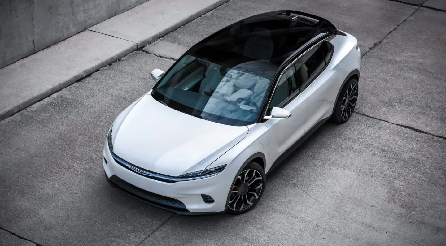 Overhead view of a parked Chrysler Airflow concept car in white