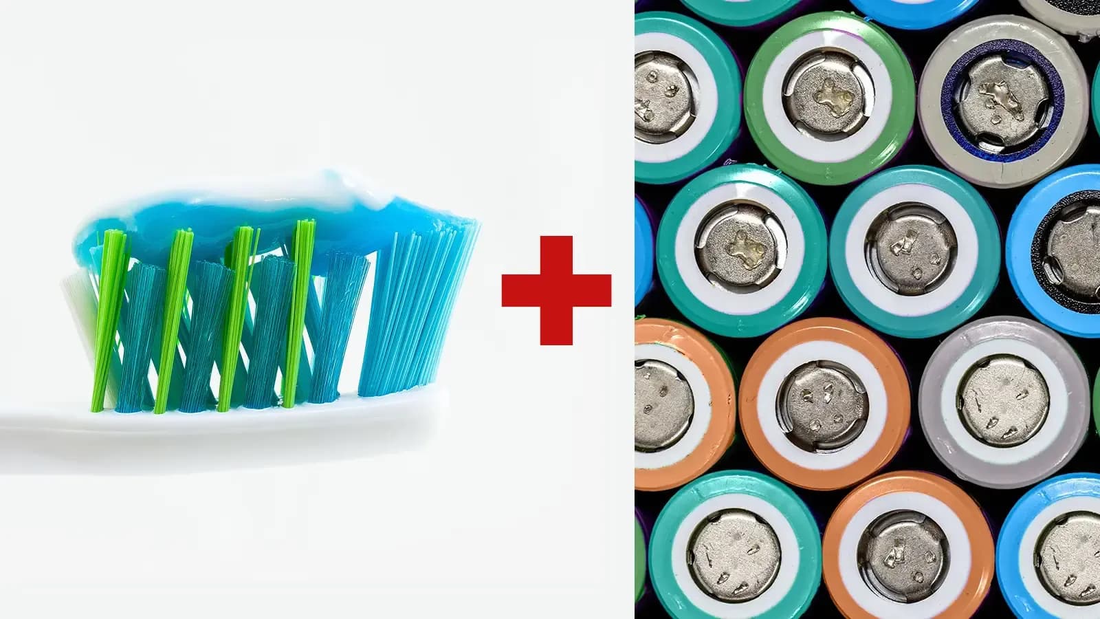 Image collage of a toothbrush with toothpaste and EV batteries