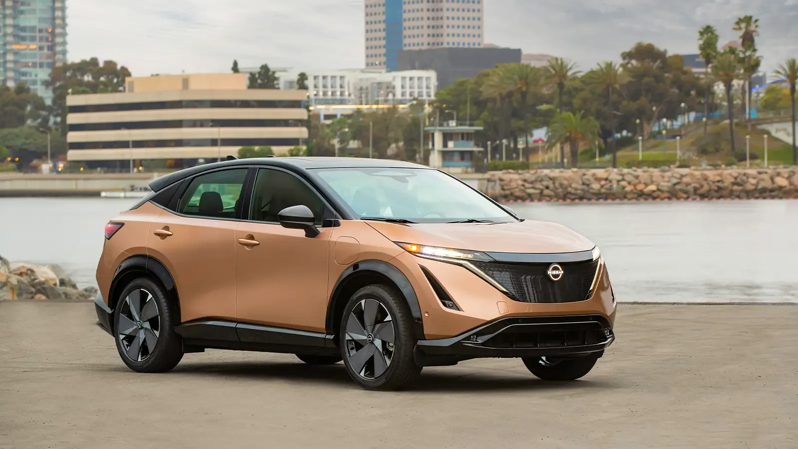 Nissan Ariya parked outside small lake