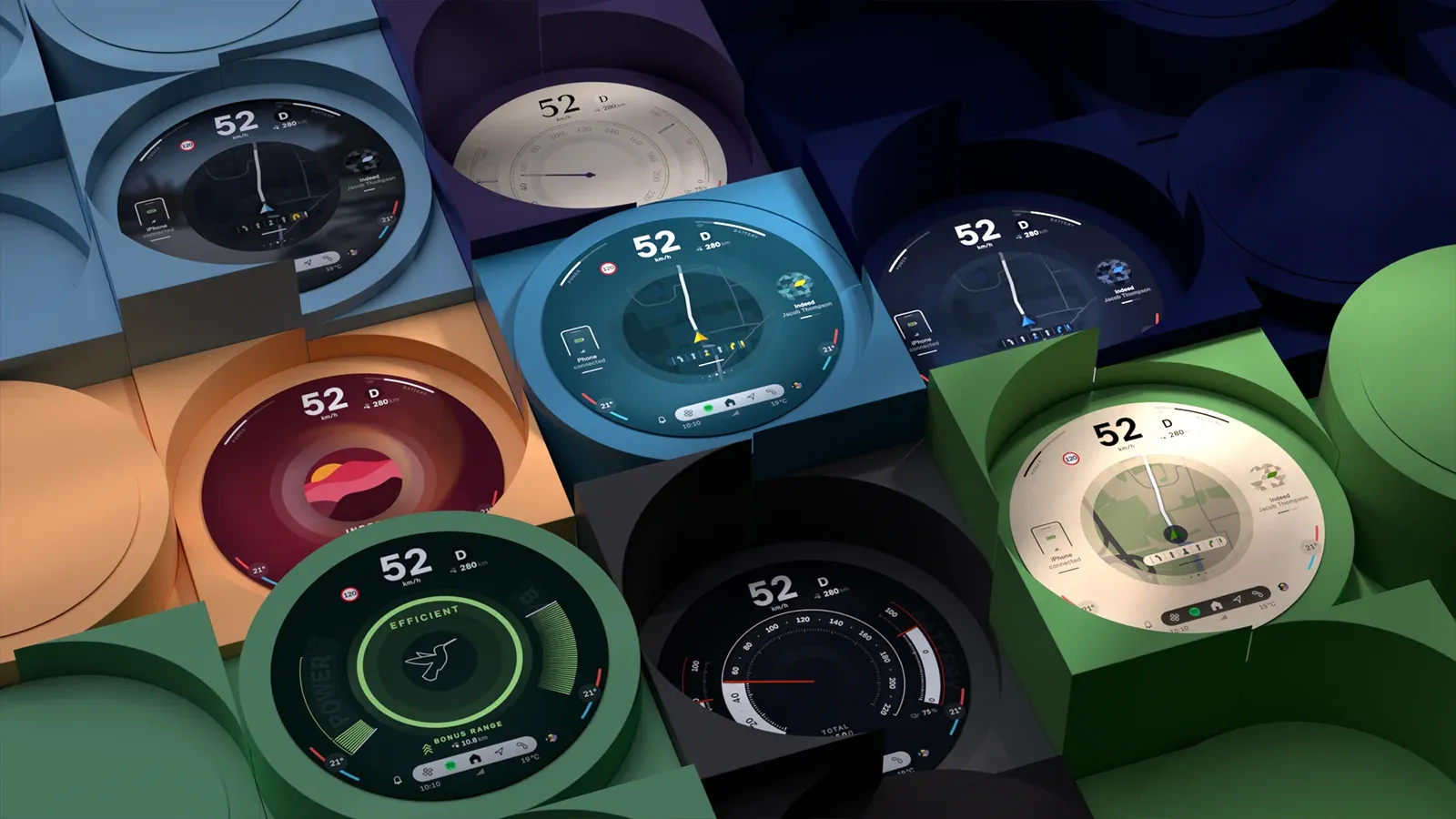 Several screen views of the new Mini OS displaying GPS, speed, efficiency and more