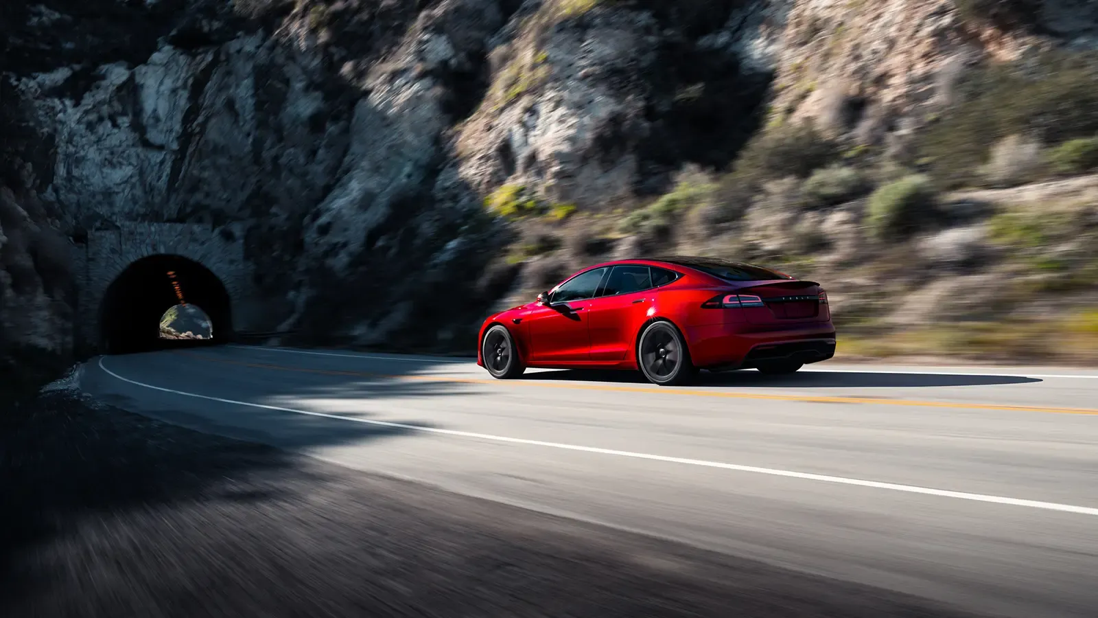 Tesla Model S driving into a tunnel