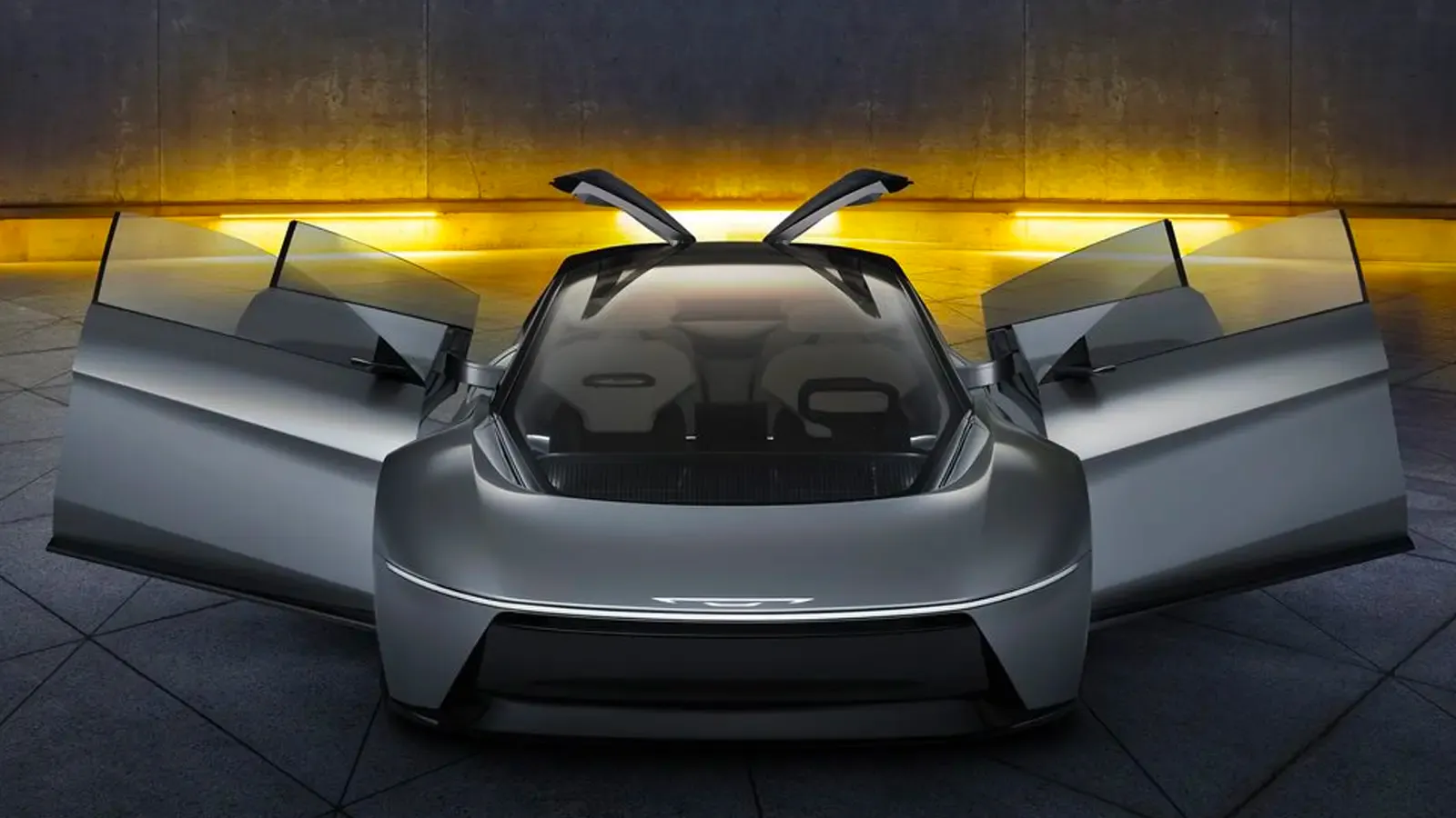 Chrysler Halcyon front exterior model view by a futuristic building