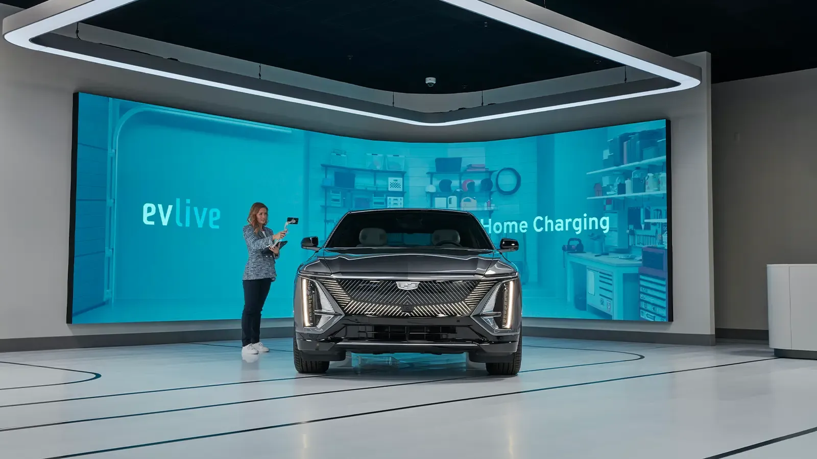 GM's EV Live in an empty, modern, brightly lit showroom