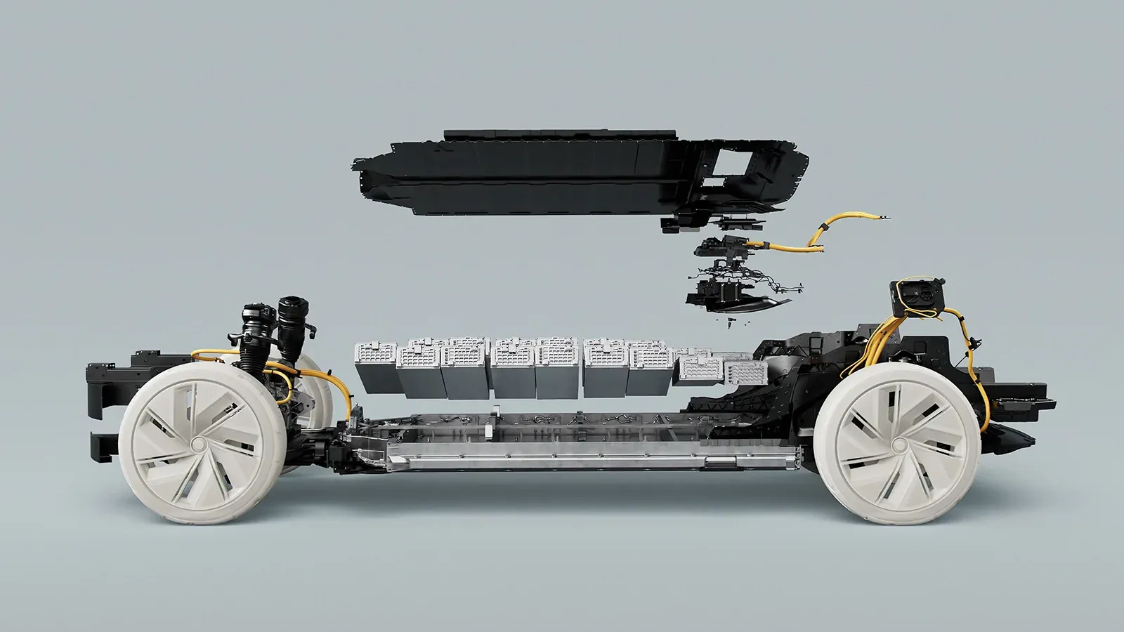 electric vehicle with the exterior parts removed revealing the technical components of the car