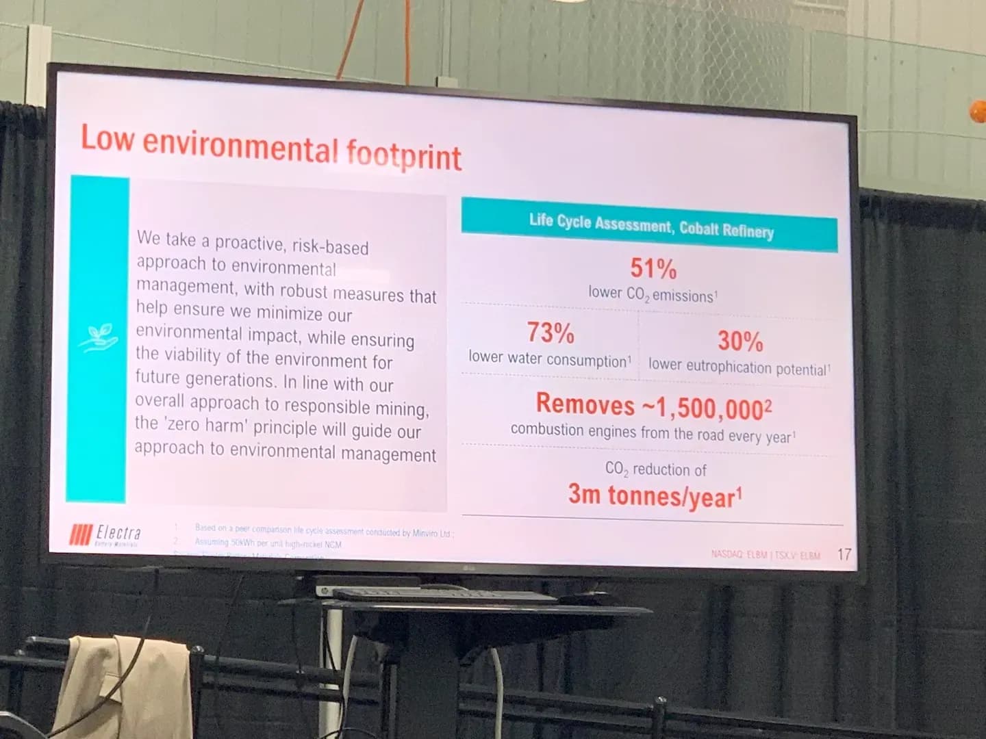 Presentation slide titled 'Low environmental footprint' with emissions and water-use statistics.