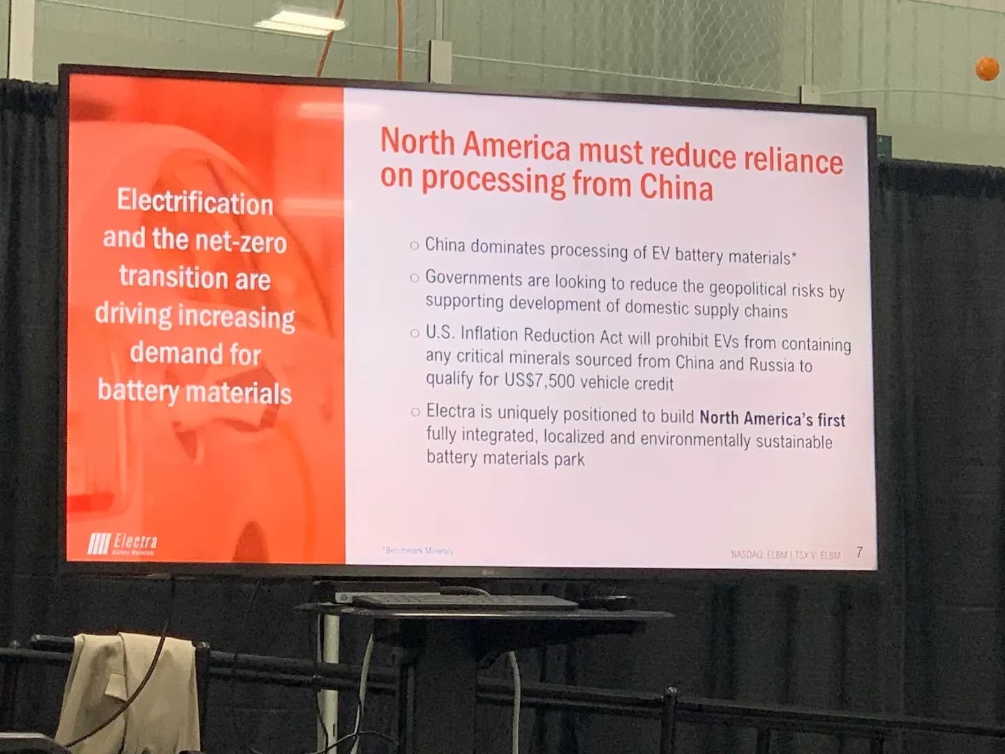 Presentation slide about battery materials demand and reducing North American processing dependence on China.