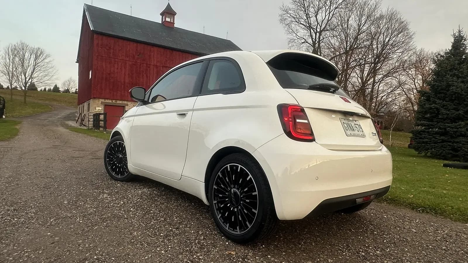 rear view of white Fiat 500e