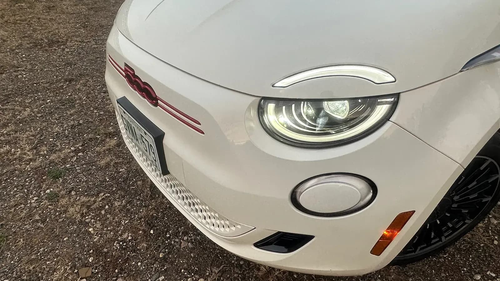 close up of a white Fiat 500