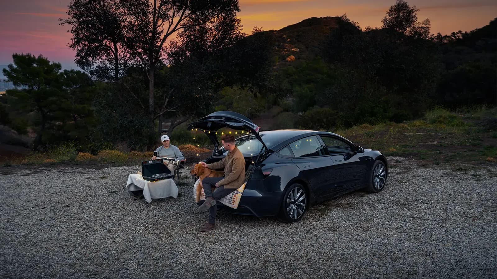 two men and a dog camping in the trunk of a Tesla