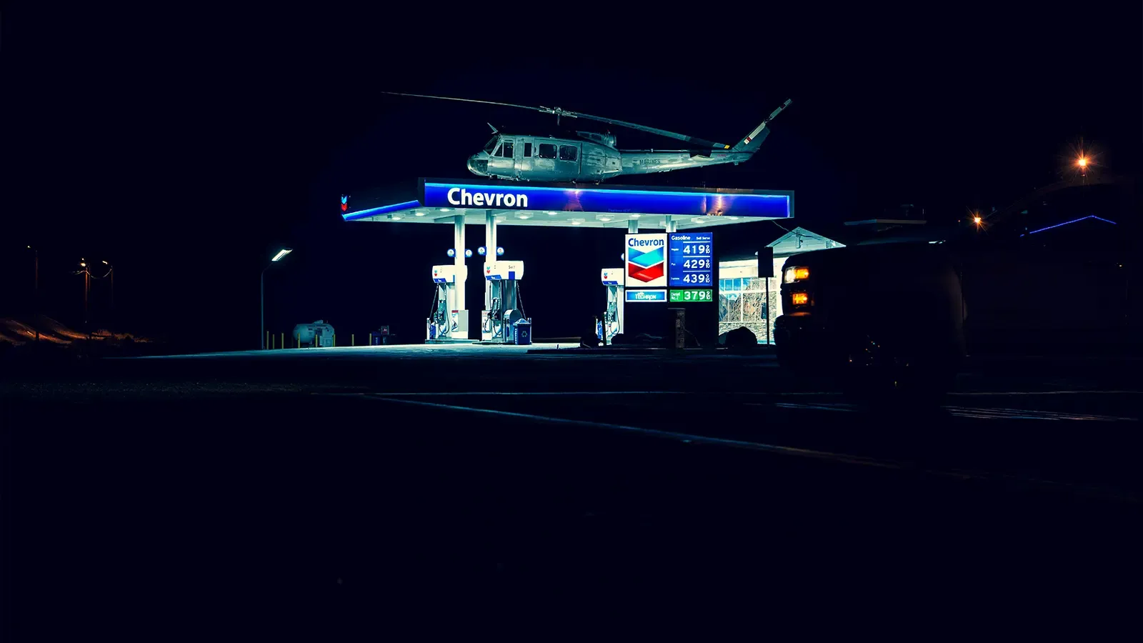 A diesel gas station at night