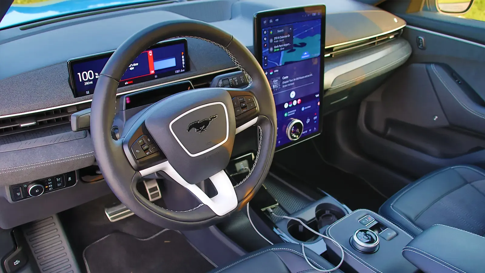 A blue 2026 Ford Mustang Mach-E interior driver HUD