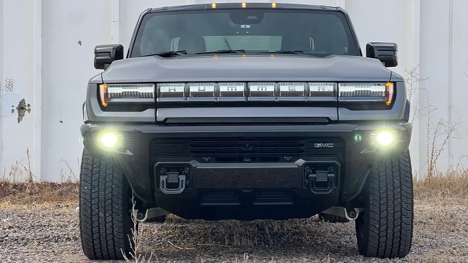 A dark gray 2026 GMC hummer EV pick up front view