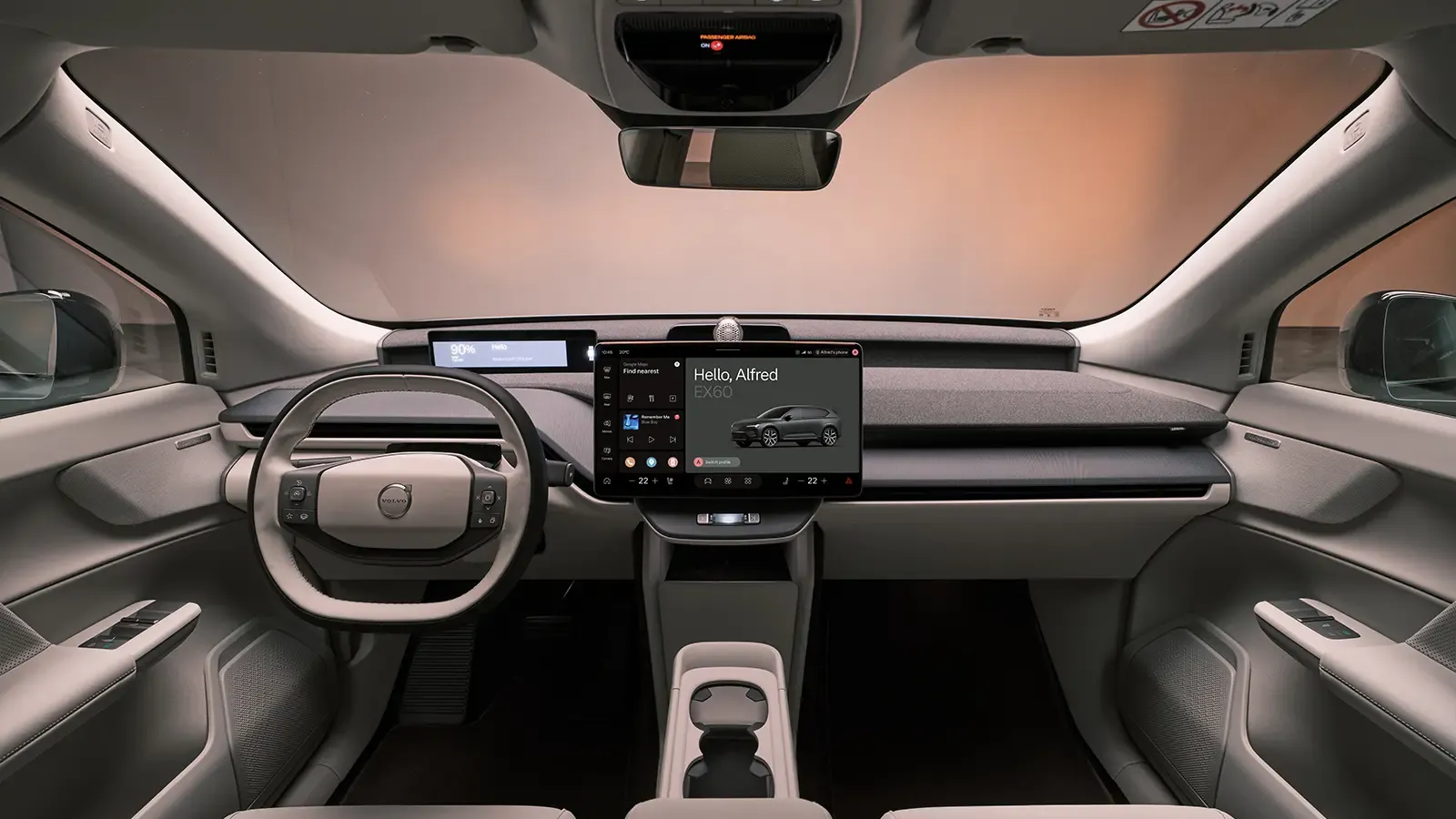 A dark gray 2027 Volvo EX60 front interior driver view