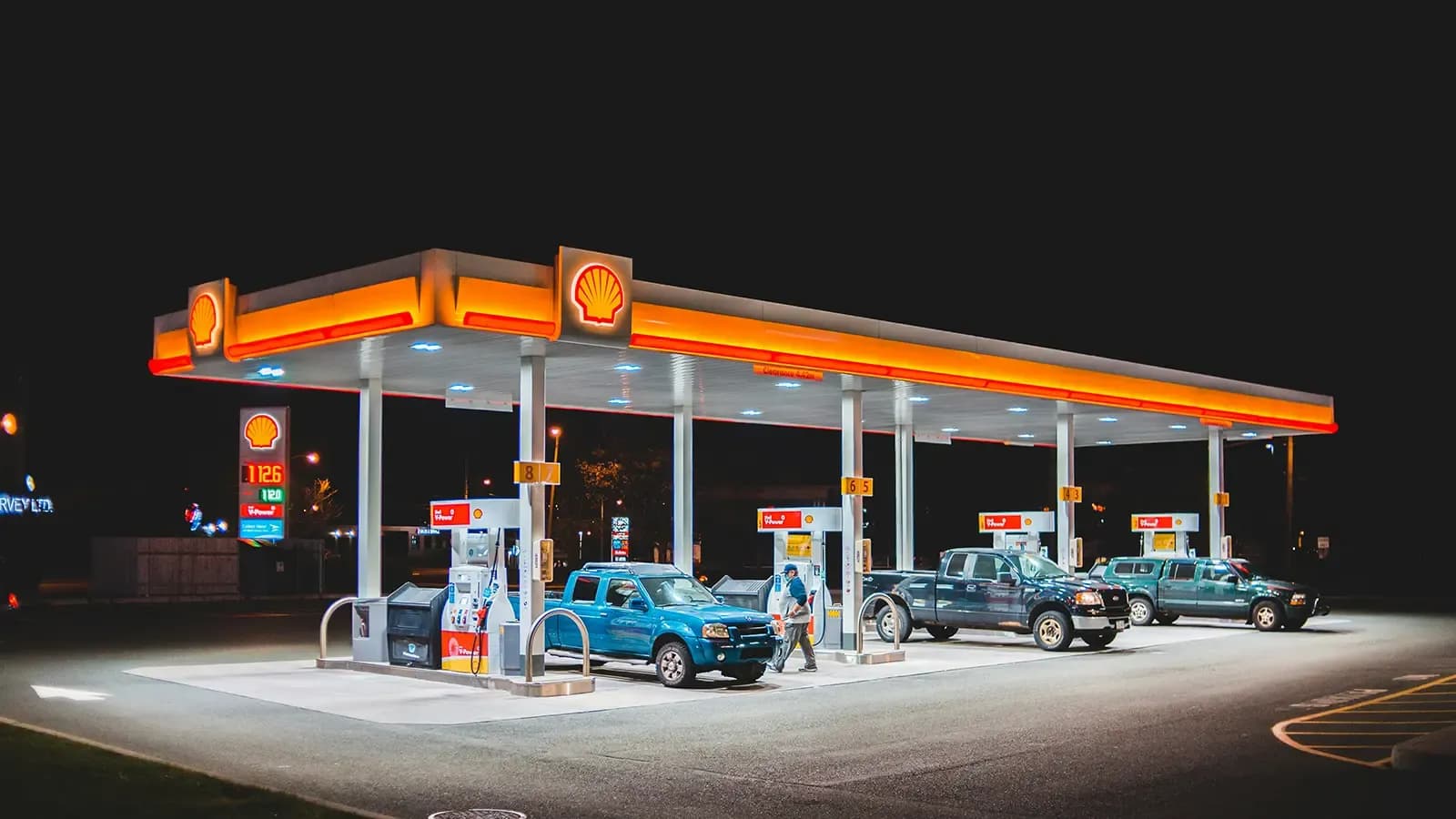 A shell gas station at night