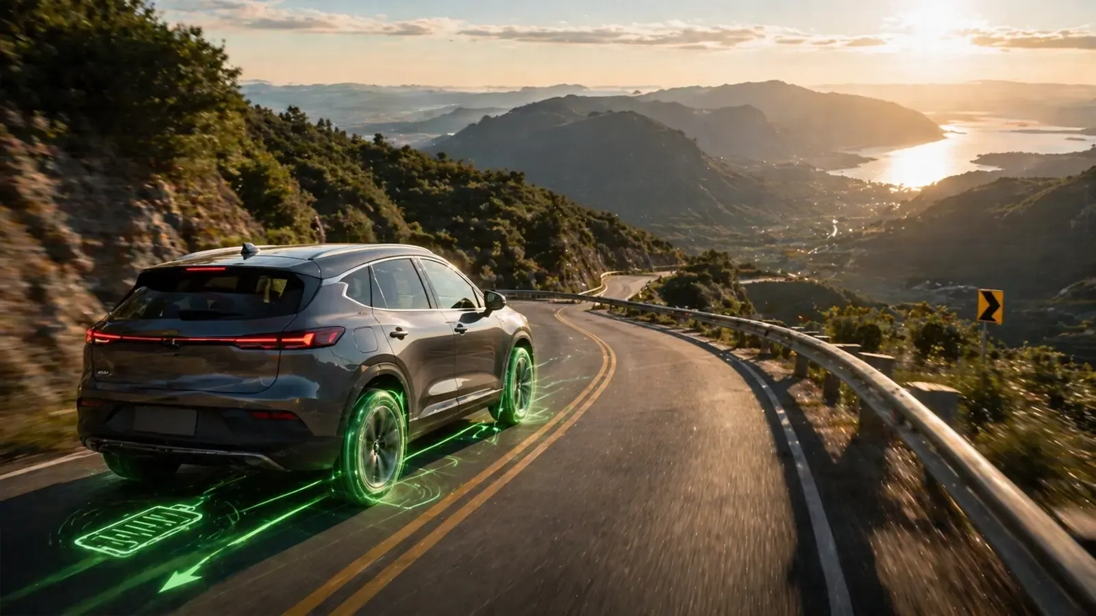 A EV SUV driving down a mountain