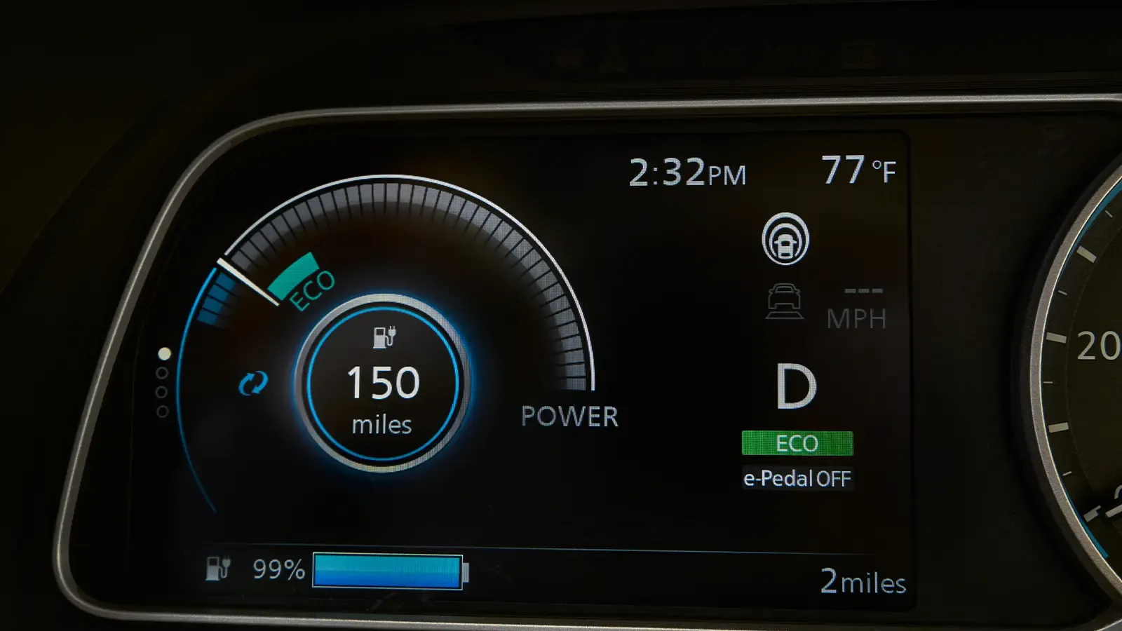 A driver HUD showing the EV range and e-pedal function