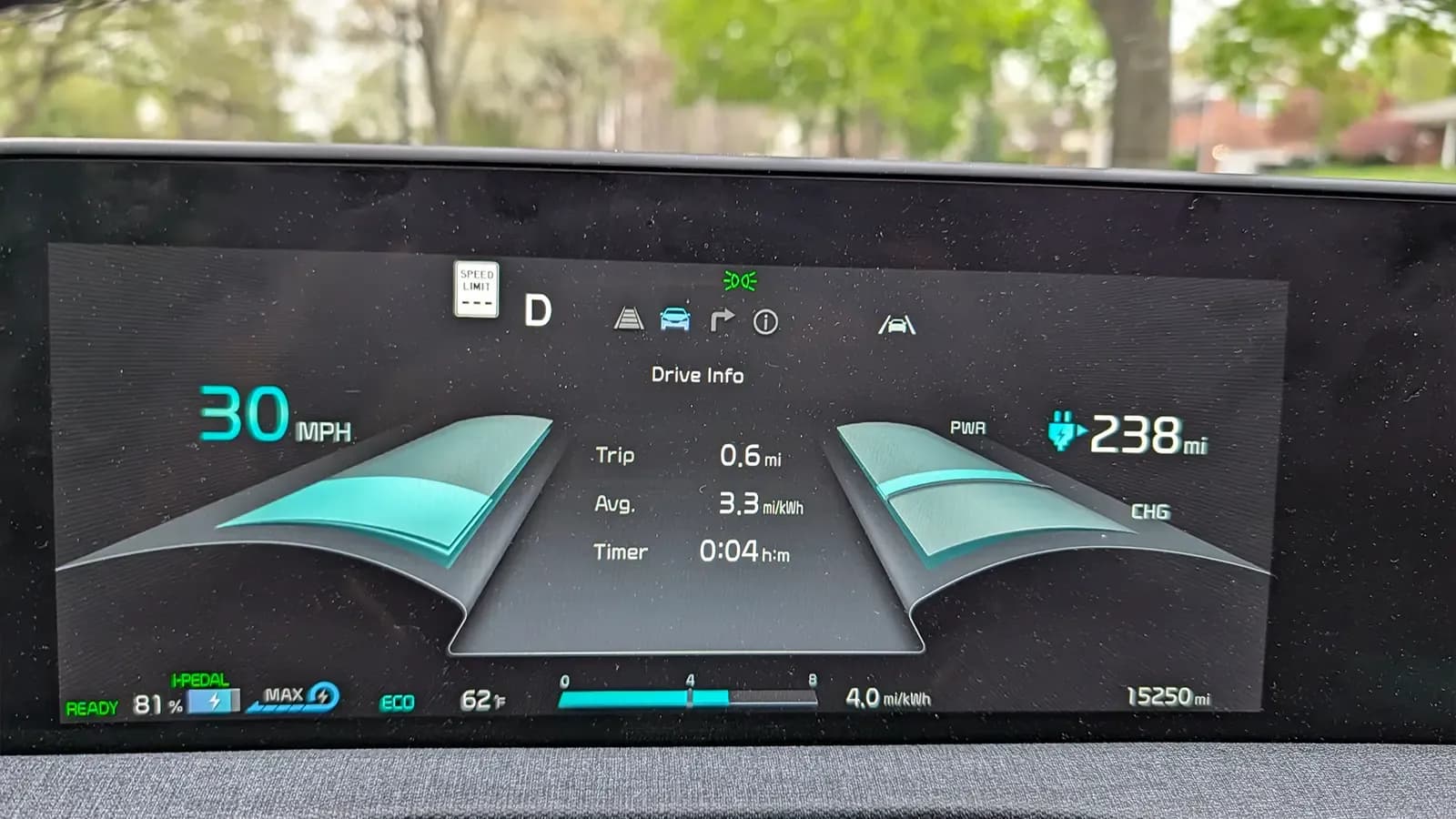 Vehicle instrument display showing one-pedal driving and energy use details.