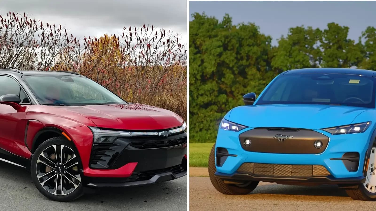 A Red 2026 Chevrolet Blazer EV and Blue 2026 Ford Mustang Mach-E comparison shot