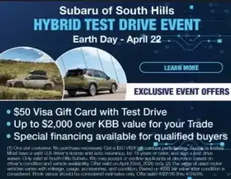 Promotional graphic for a Subaru hybrid test drive event with two vehicle photos and offer text.