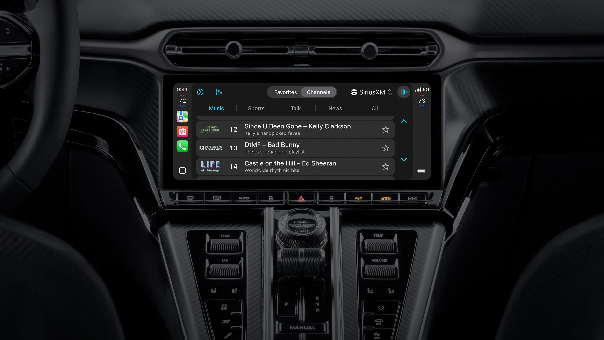 Center dashboard with a CarPlay-style screen showing SiriusXM and app icons in a luxury car interior.