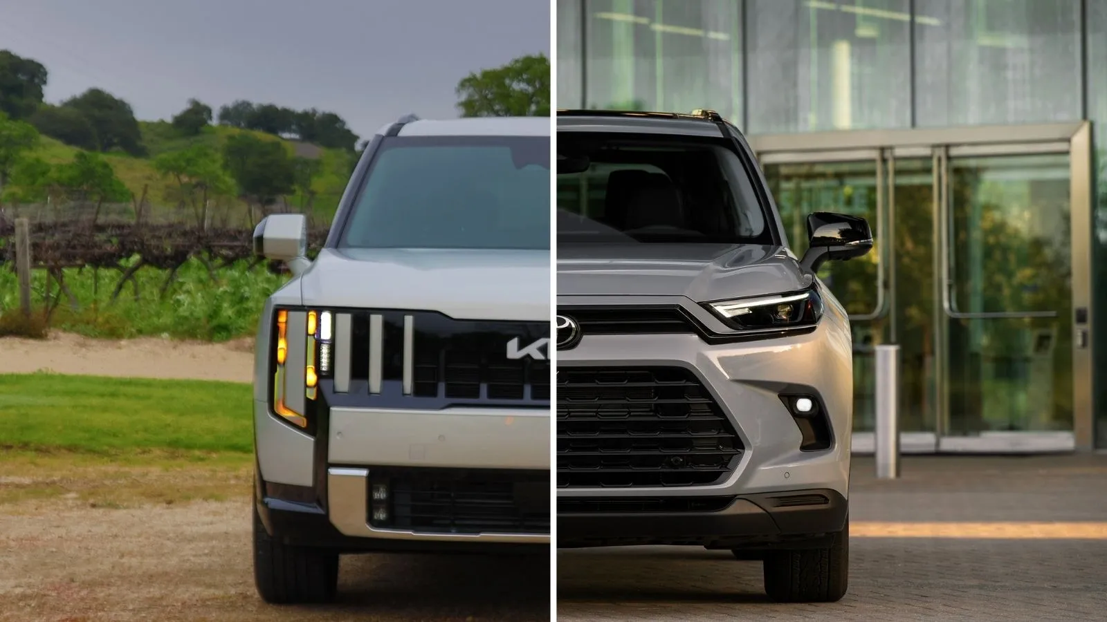 Split image of a silver 2027 Kia Telluride Hybrid vs a 2026 Toyota Grand Highlander Hybrid