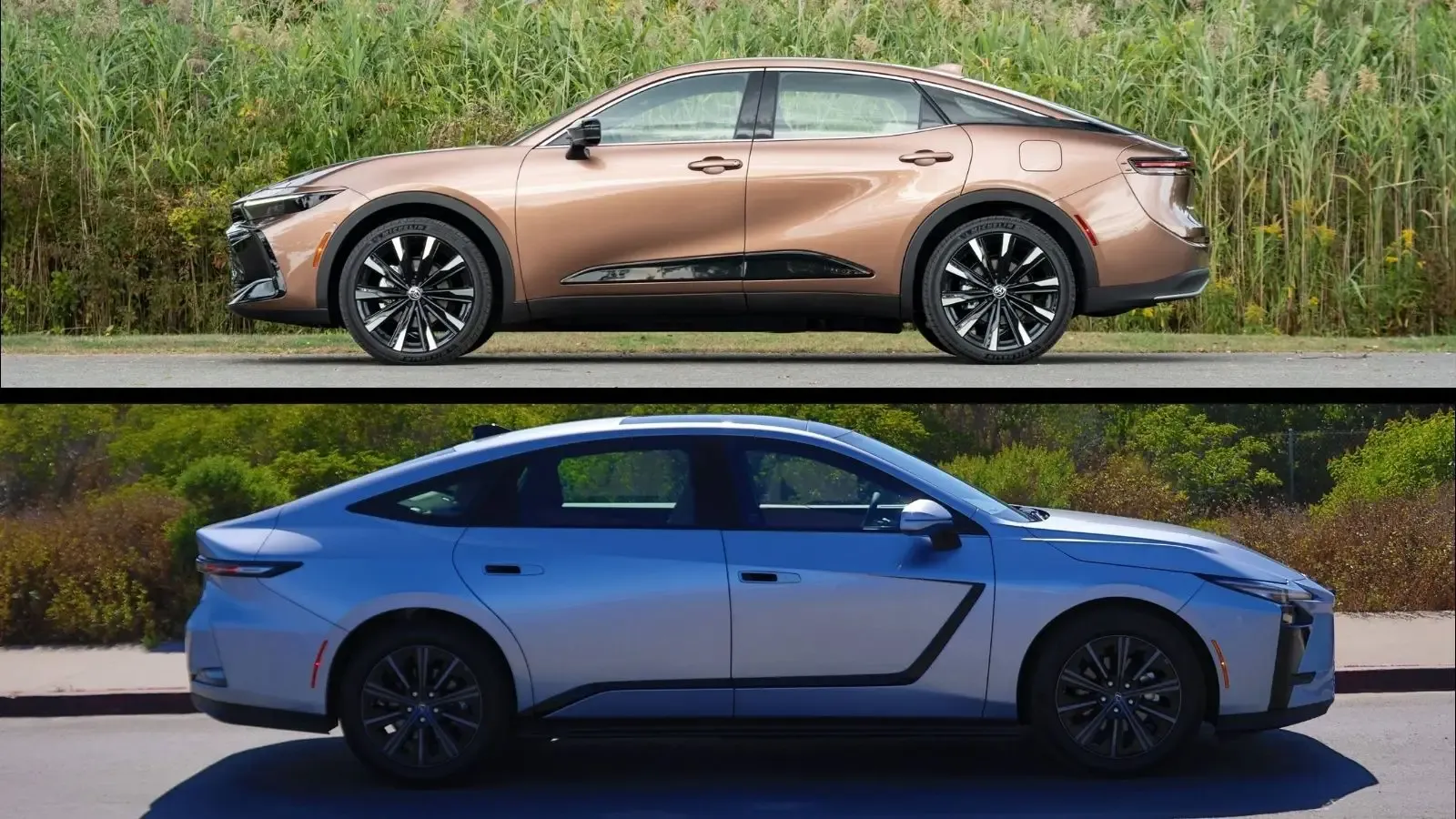 Side profile of a bronze Toyota Crown Hybrid and a silver Lexus ES Hybrid