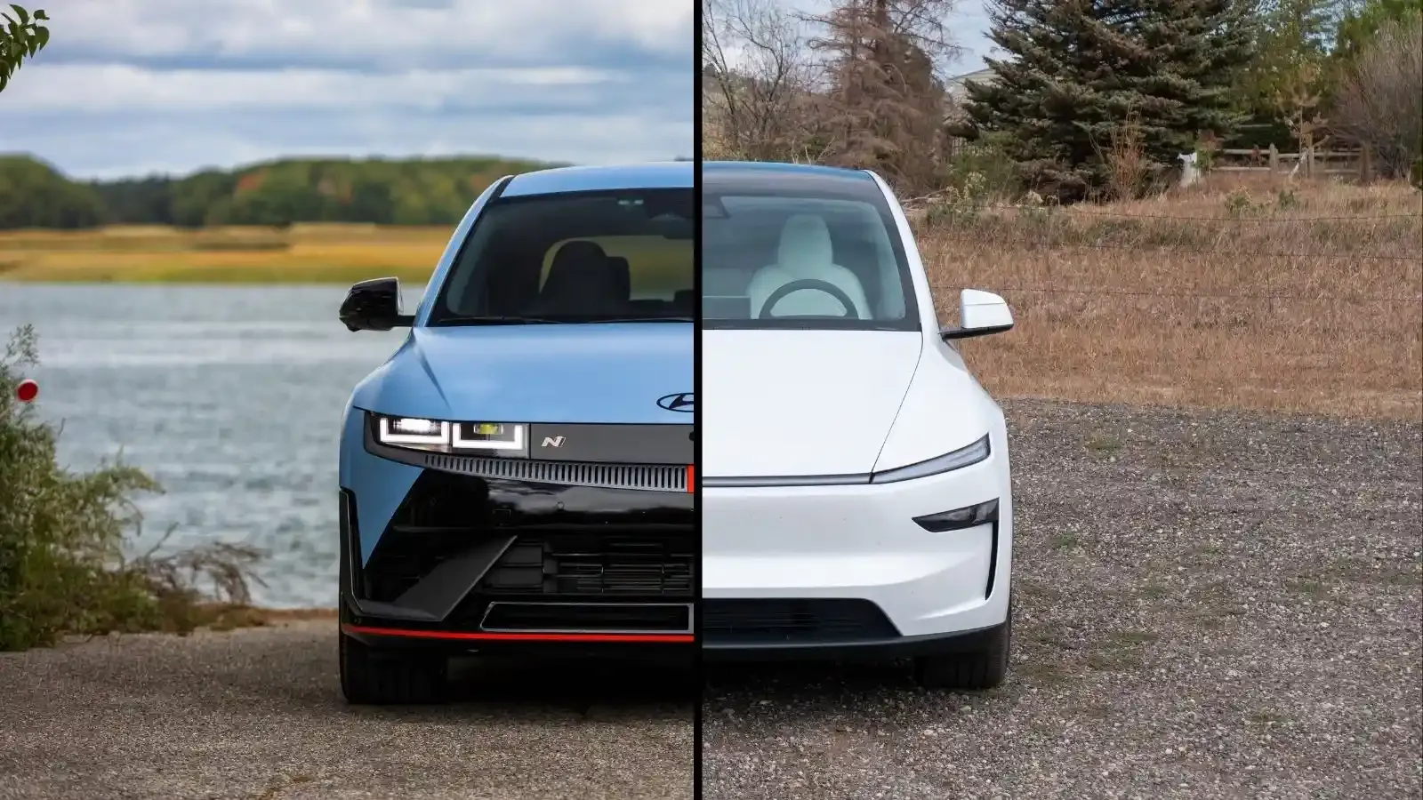 Side by side image of a blue Hyundai Ioniq 5 N with a white Tesla Model Y