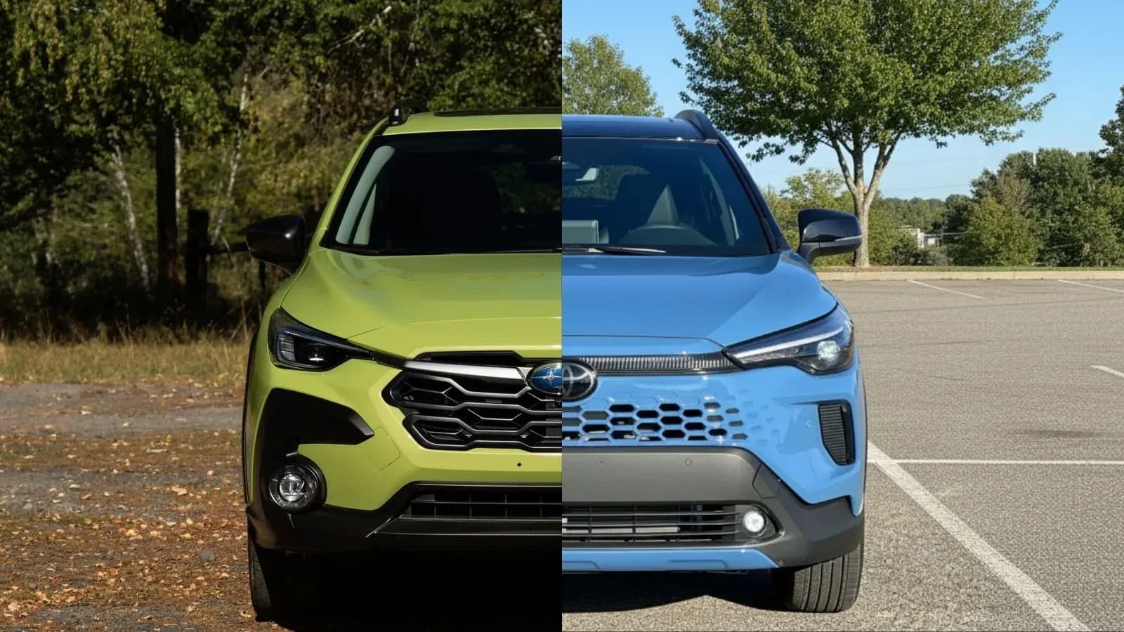 Split image of a front profile of a green Subaru Crosstrek Hybrid with a blue Toyota Corolla Cross Hybrid