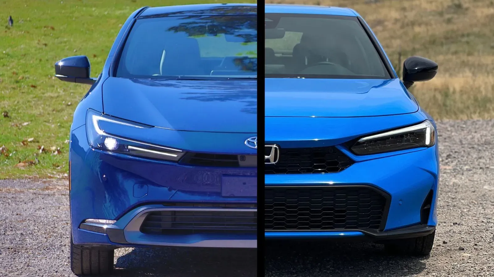 Side by side split image of the front of a blue Toyota Prius with a blue Honda Civic Hatchback hybrid