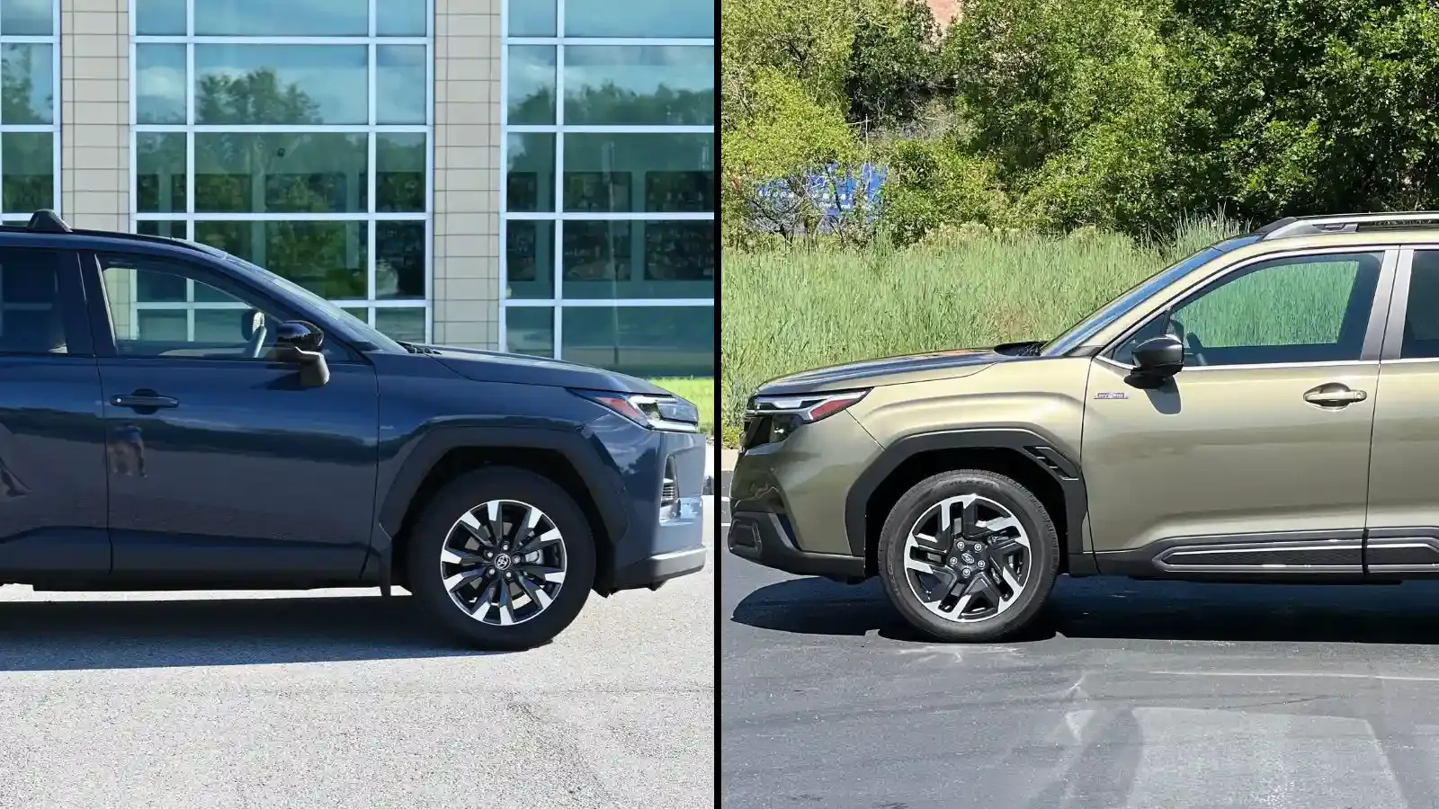 Split image of a dark blue Toyota RAV4 Hybrid parked in front of a glass office building and a green Subaru Forester Hybrid parked in front of green landscaping