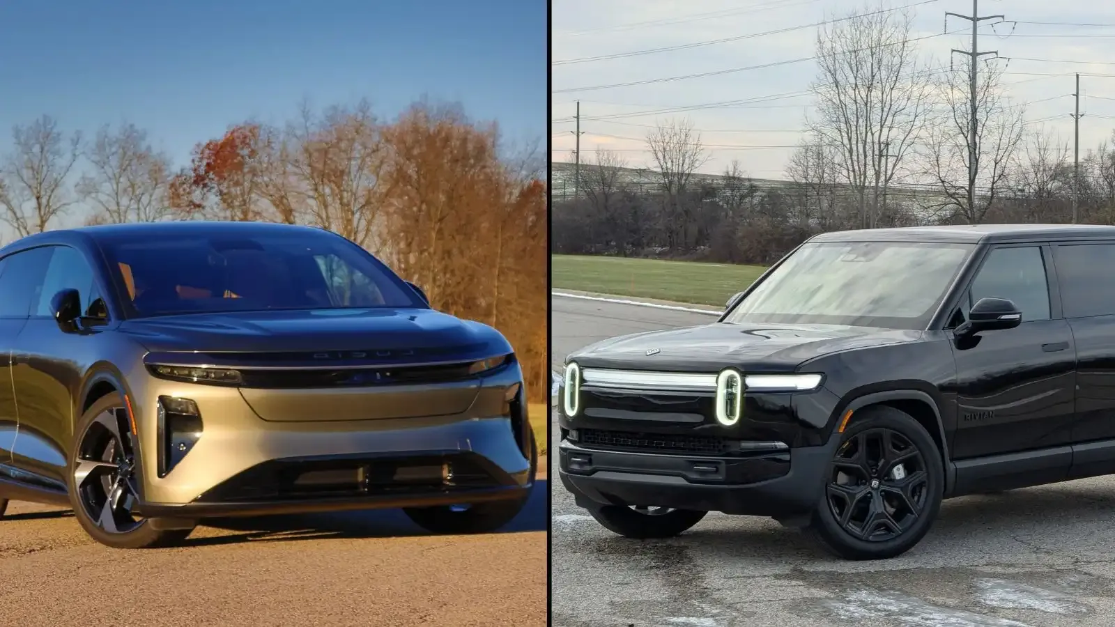 Split image of a angled bronze Lucid Gravity next to an angled black Rivian R1S