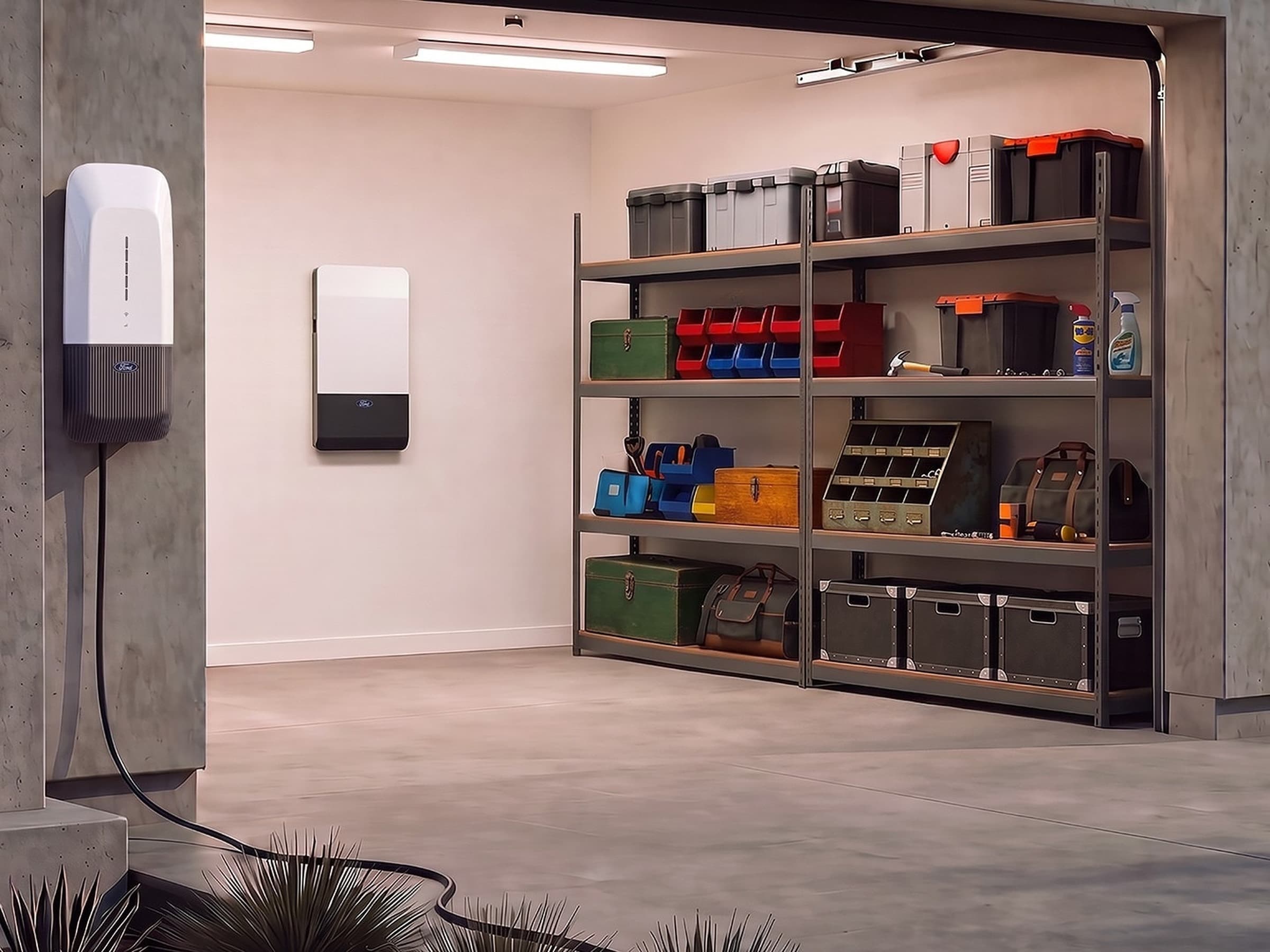 Rendering of a white Ford-branded wall charger mounted outside an open garage, its cable running across the driveway, with a matching Ford-branded wall unit inside next to metal shelves of tool boxes and storage bins.